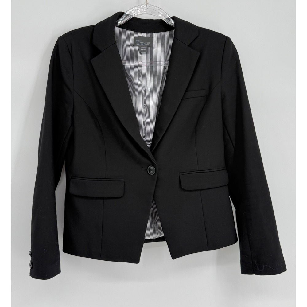 Covington Essentials Petite Sz MP Black Single Button Blazer Pinstripe Lining